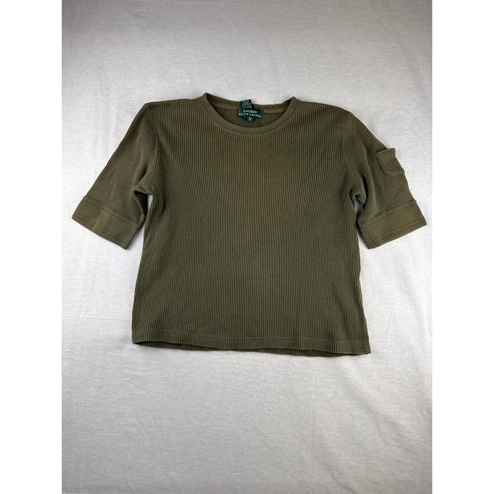 Lauren Ralph Lauren Olive Green Ribbed Knit Elbow Sleeve Top Utility Pocket M